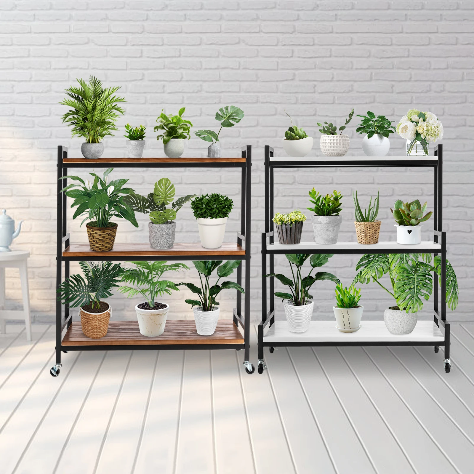 Rolling Ladder Plant Stand with Wheels, Metal Plant Shelves Rack Solid Wood for Multiple Plants for Garden, Living Room Indoor O soporte plantas interior suporte flores wood estanteria escalera pot stojak na kwiaty outdoor stand flower rack plant shelf