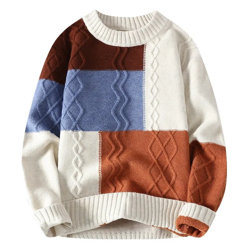 

Autumn Winter Students Sweater New Warm Top Fashion Stitching Matching Color Pullover O-Neck Sweater Thickened Knitted Sweater