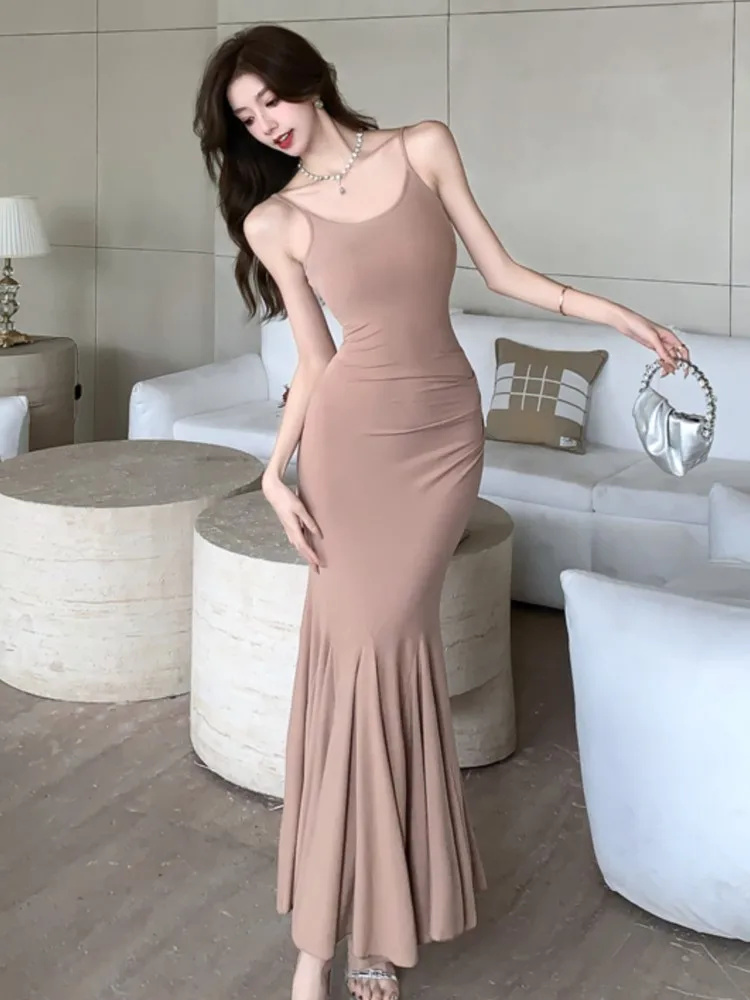 

Элегантное вечернее платье, сексуальное облегающее однотонное длинное платье для женщин, облегающее платье-Русалка на бретелях-спагетти, платье для выпускного вечера, летнее новое платье