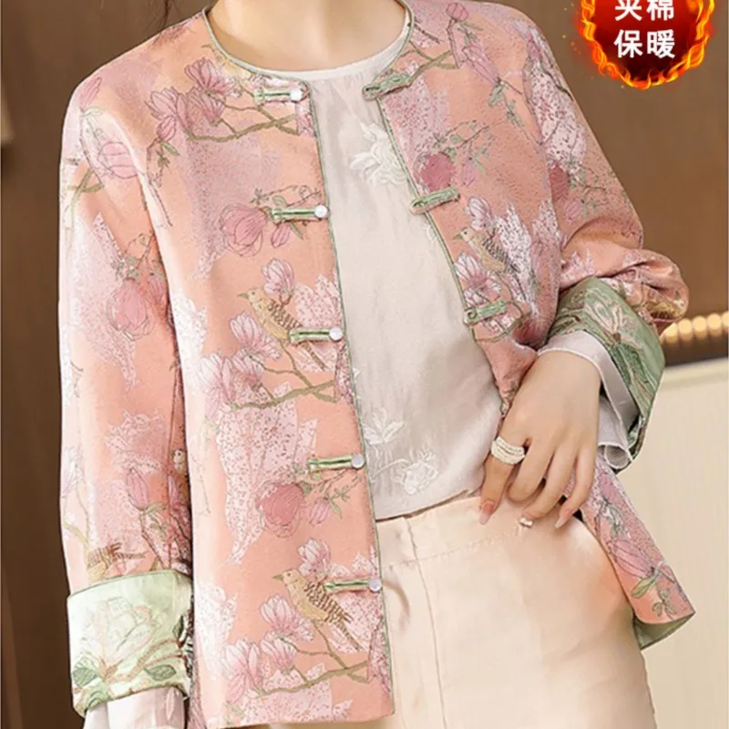 New Chinese Women's Embroidered Quilted Thin Cotton-Padded Coat Color Matching Curling Long-Sleeved Knot Button round Neck Top