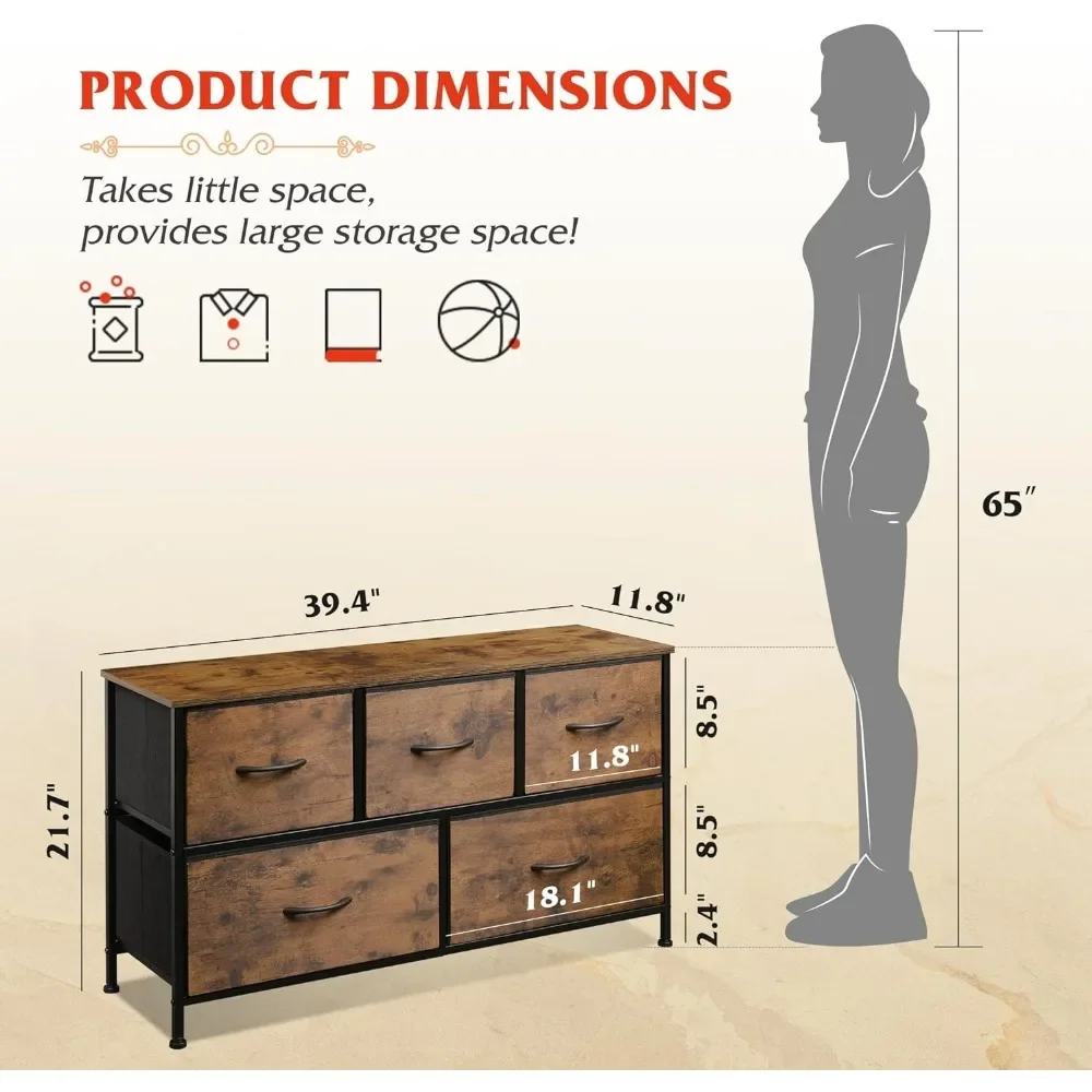 Dresser for Bedroom with 5 Drawers, Wide Chest of  Fabric Dresser, Storage Organizer Unit   Bins 3