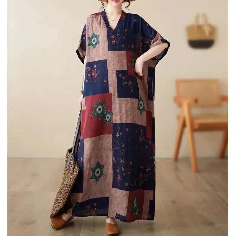 

Женское платье с принтом контрастных цветов, повседневное свободное платье большого размера из хлопка и конопли с коротким рукавом, модель K249 на лето, 2024