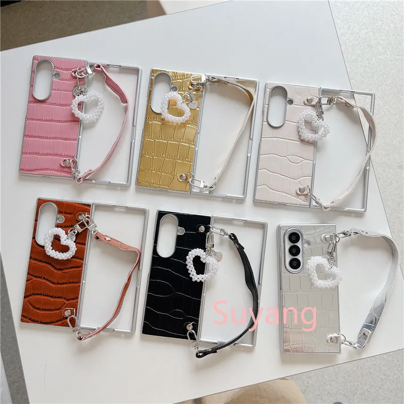 Pearl Heart Pu Leather Alligator Pattern Case For Samsung Galaxy Z Fold_voghion.com