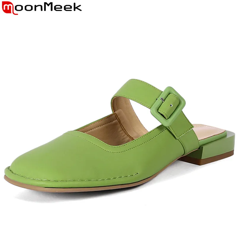 

MoonMeek 2022 New Concise Genuine Leather Slippers Woman Square Low Heels Shoes Ladies Solid Outside Slippers