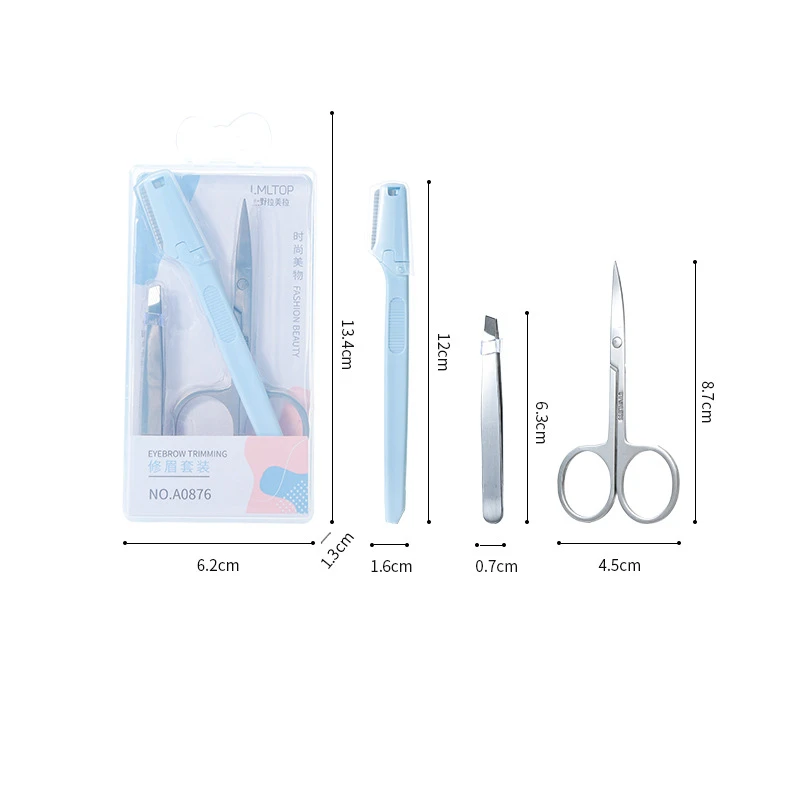 3-piece Set Makeup Tools Curved Blade Scissors,Trimmer ,Tweezers Beauty Stainless Steel Eyelash Eyebrow Nose Hair Remover Razor