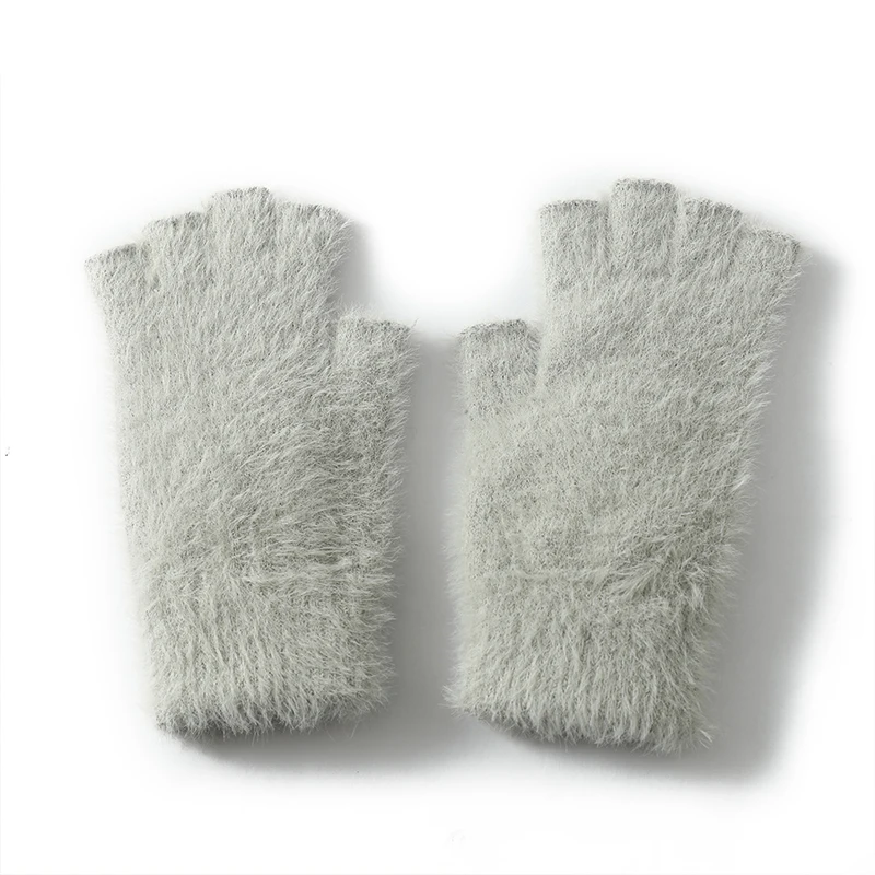 Mink Cashmere Autumn Winter Women Gloves Fingerless Warm Racoon Wool Mitten Wrist Length Thumb Hole Mitts Korean Female Lovely