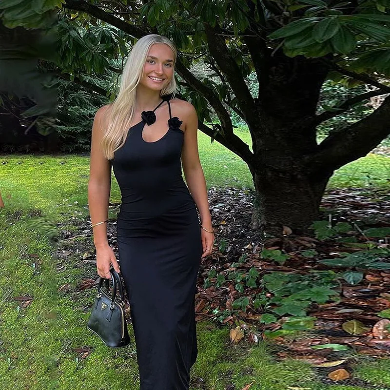 Elegant Sleeveless Irregular Bodycon Women Evening Dress Fall New Flower Ornament Shoulder Vestido Sexy Long Dress