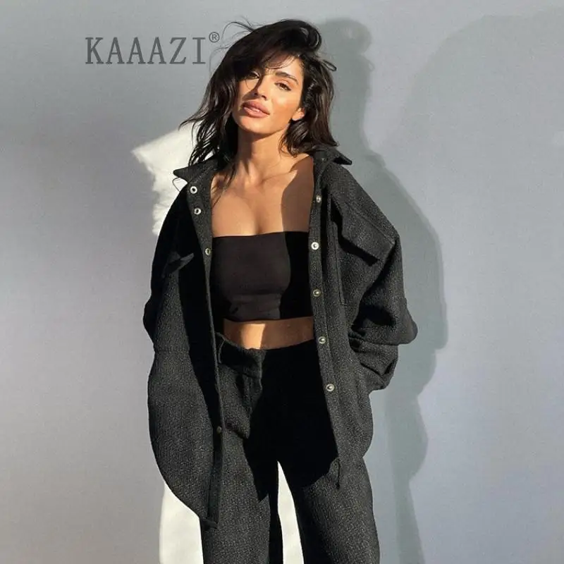 

KAAAZI Women Casual Coat Fashion New Long Sleeve Top Set Elegant Female Long Pants Autumn Two Piece Set Trend Clothing