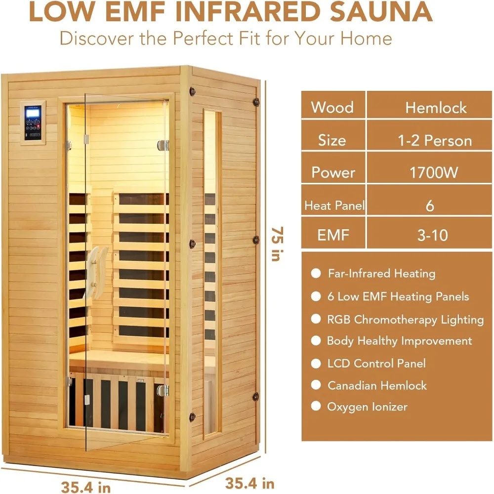 2024 Upgrade 1 to 2 Person Sauna, 6 Heating Plate Infrared Physical Therapy Wooden Dry Steam Sauna, Low EMF, MP3 Auxiliary 6