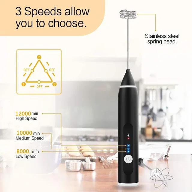 Montalatte portatile per schiuma, miscelatore per caffè ricaricabile tramite USB, mini frullatore regolabile a 3 velocità per la cucina domestica 3