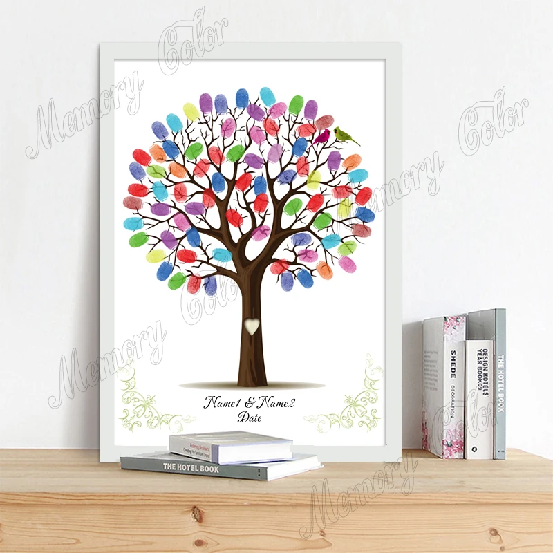 Wedding Guest Book Theme Name Date Fingerprint DIY Tree Leaf Painting Souvenir (No Frame,Ink Pad Included)