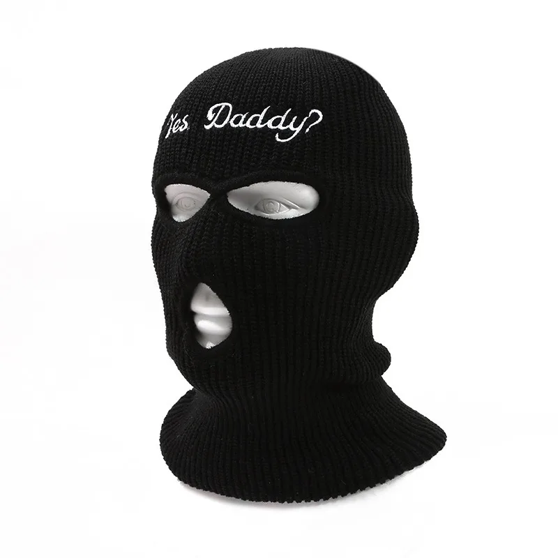 Balaclava Full Face Mask Embroidery Winter Hat for Woman Ski Mask Yes Daddy Warm Knit Full Caps Outdoor Sports Beanies 4