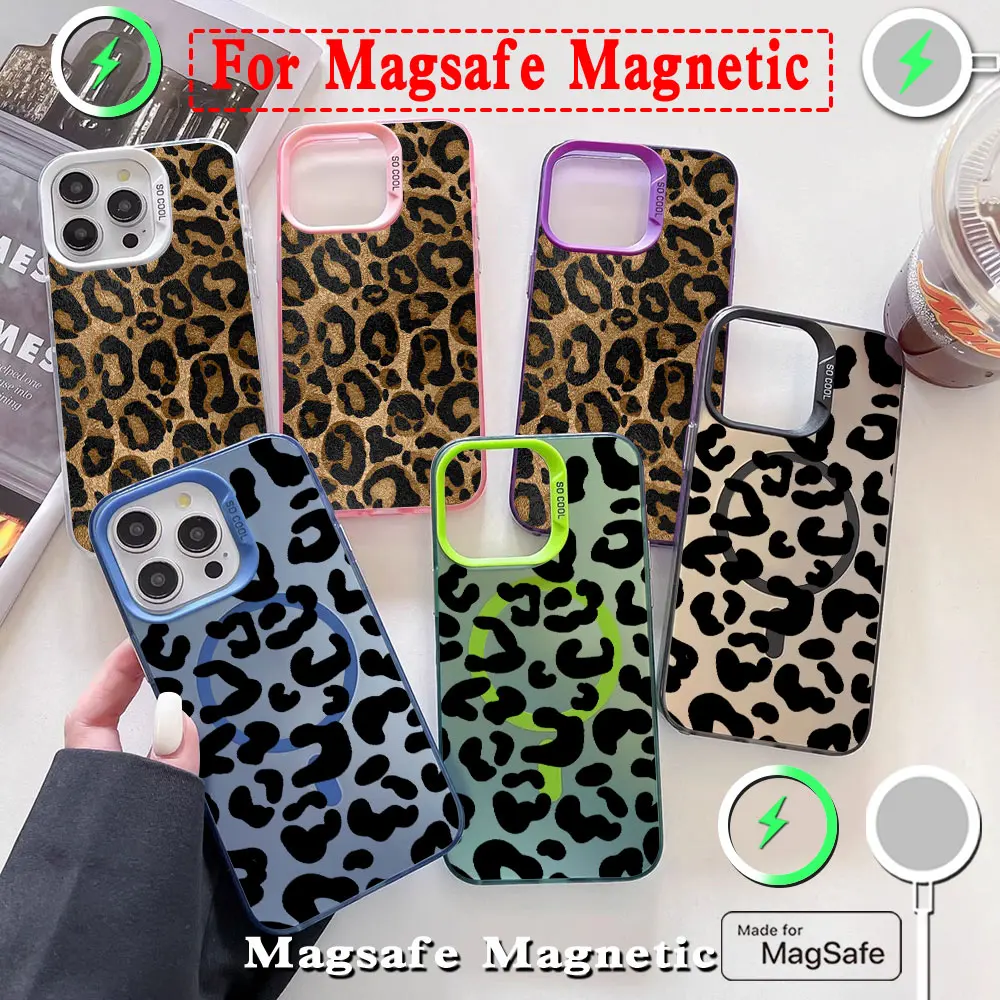 INS Brown Leopard Print Y2K Magsafe Magnetic Soft Silver Plated Phone Case Cover
