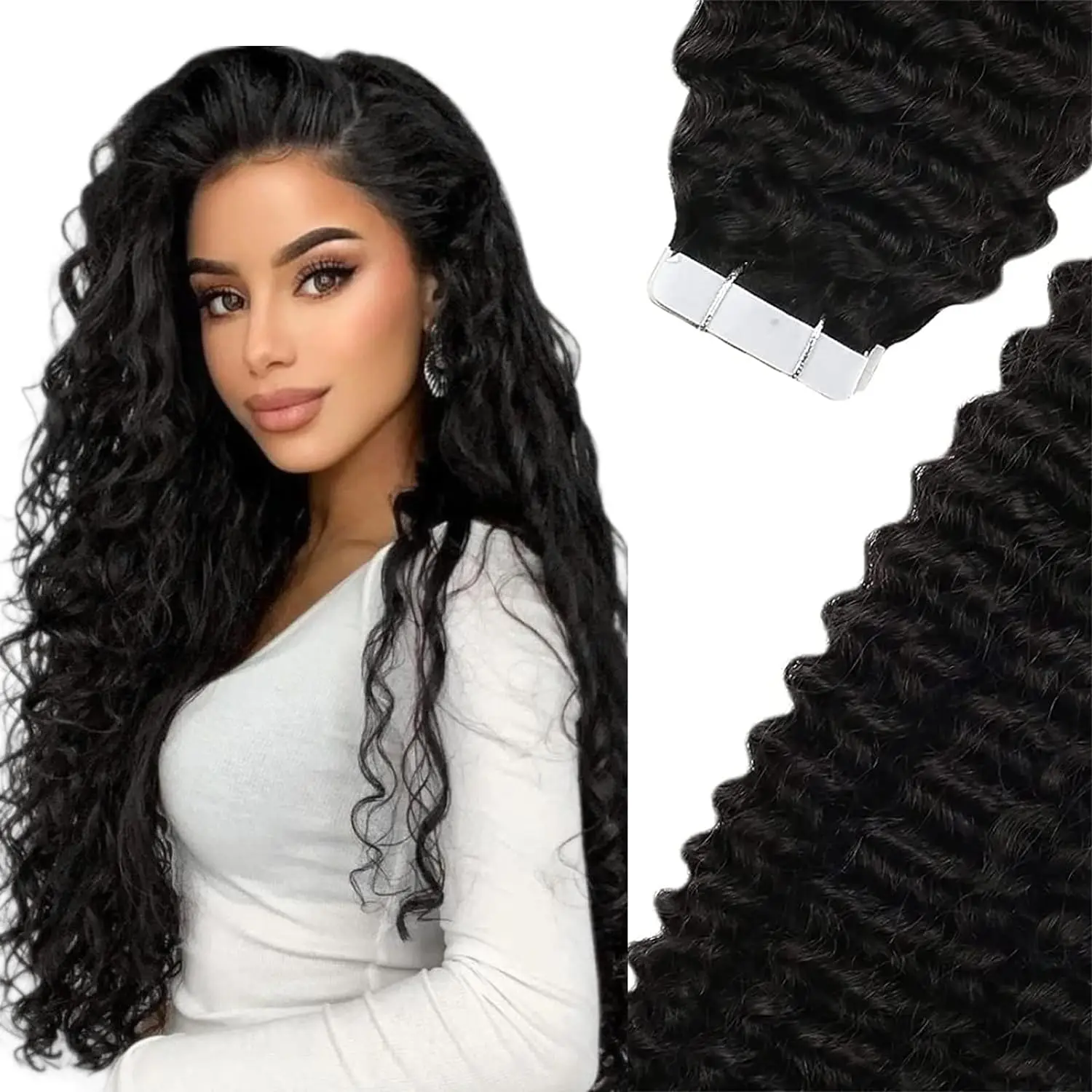 

Tape in Hair Extensions Human Hair Kinky Curly Tape In Hair Extensions with Invisible Tape Attached Semi Permanent Natural #1B