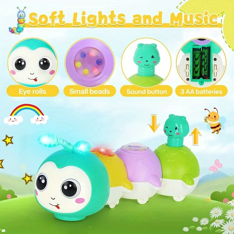 لعبة حسية للرضع ألعاب الزحف للأطفال من عمر 0 إلى 12 شهرًا، لعبة زحف وقت البطن كاتربيلر مع موسيقى شفط مغناطيسية مضيئة