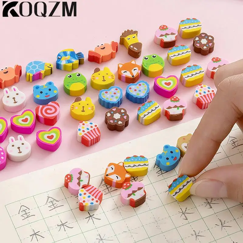 Kawaii Eraser Creative Cartoon Mini Pencil Eraser Animal Fruit Christmas Children's School Stationery 50pcs/bag