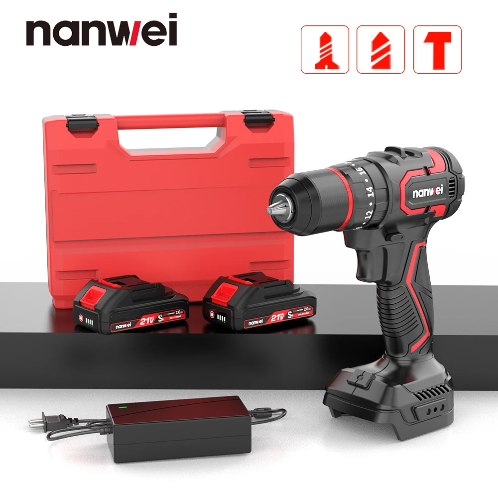 

Nanwei Brushless 21V Dual Speed Impact Drill 10MM Household Screwdriver High Quality Electric Tools