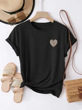 Casual Leopard Print Heart Pattern Print T-shirt Vintage Women's Casual Graphic Short Sleeve T Shirt Clothing Crew Neck Top Tees 1