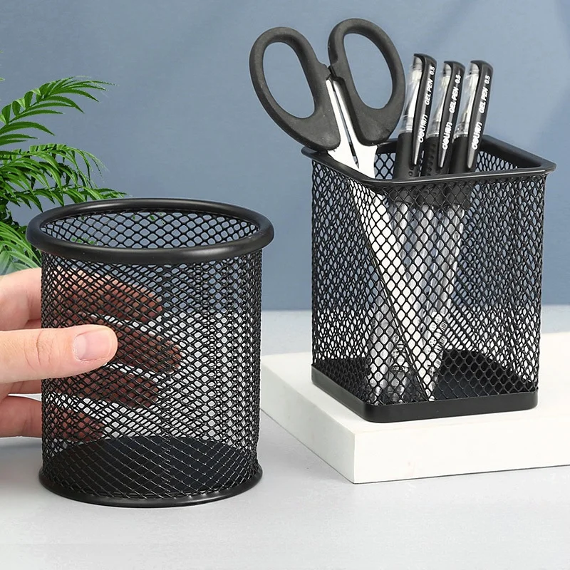 1pc Pen Holder Office Desktop Metal Mesh Square Round Pencil Holder Pen Storage Box Pot Makeup Brush Box Durable Pencil Case