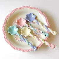 Ceramics Long Handled Spoon New Instagram Style Household Stirring Spoon Hand Painted Flower Shaped Coffee Spoon