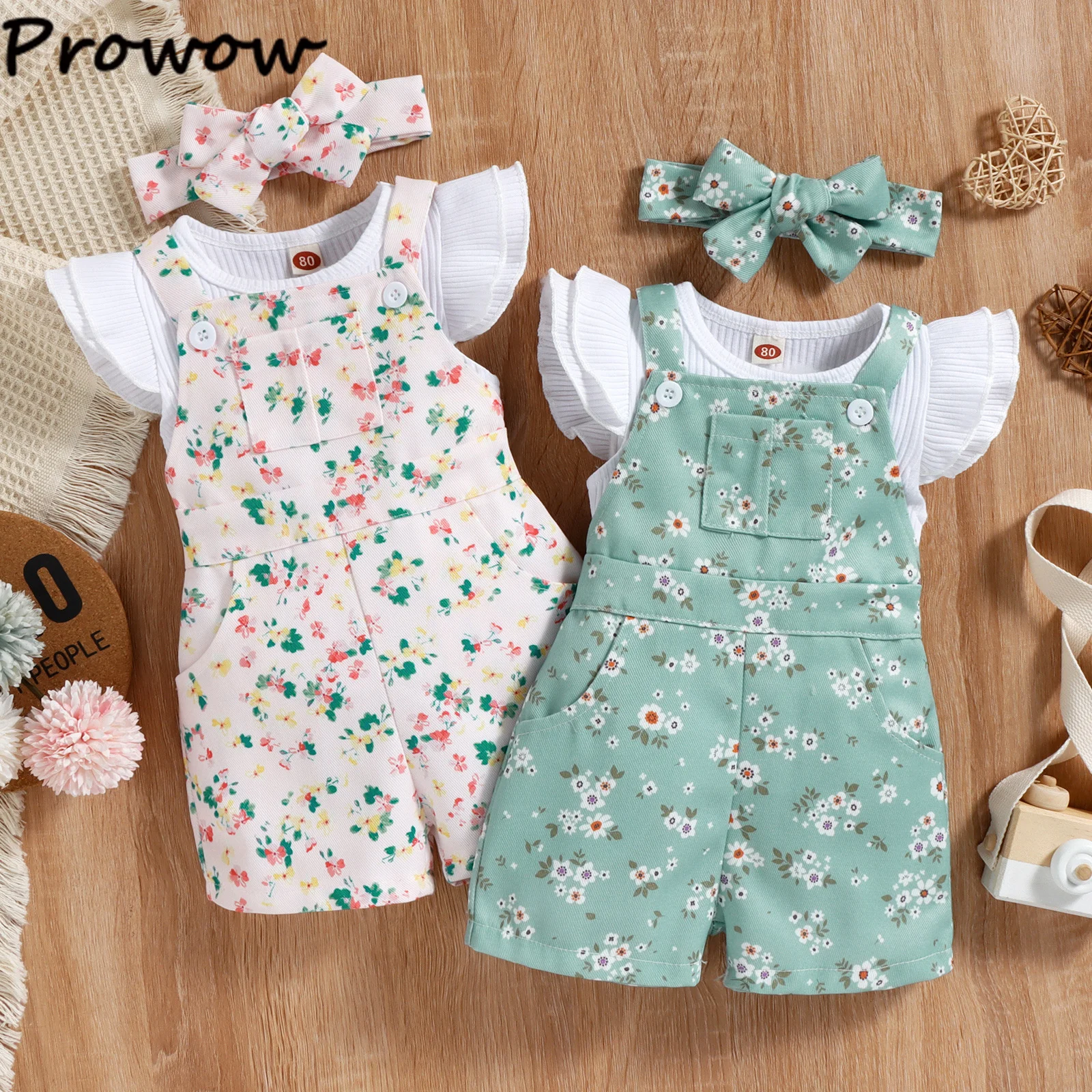 Prowow-3-24M 어린이 여아용 의상 세트, 달콤한 프릴 소매 티셔츠 + 작은 꽃 서스펜더 오버올,  여아용 의류