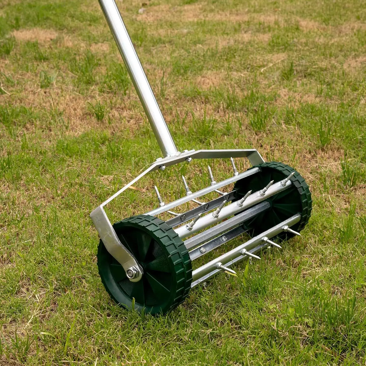 Heavy Duty Rolling Lawn Aerator,Rolling Lawn Aerator, Rotary Push Tine Spike Soil Aerator Gardening Tool with 3-Piece Long