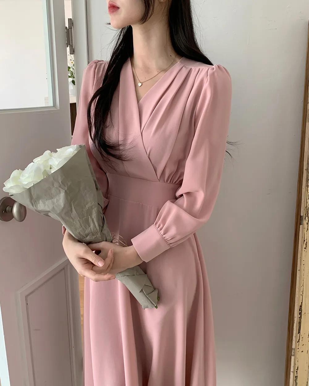 Korean Fashion Autumn Midi Dresses for Women Long Sleeves V-neck A-line Solid Casual Dress Office Lady Clothing New