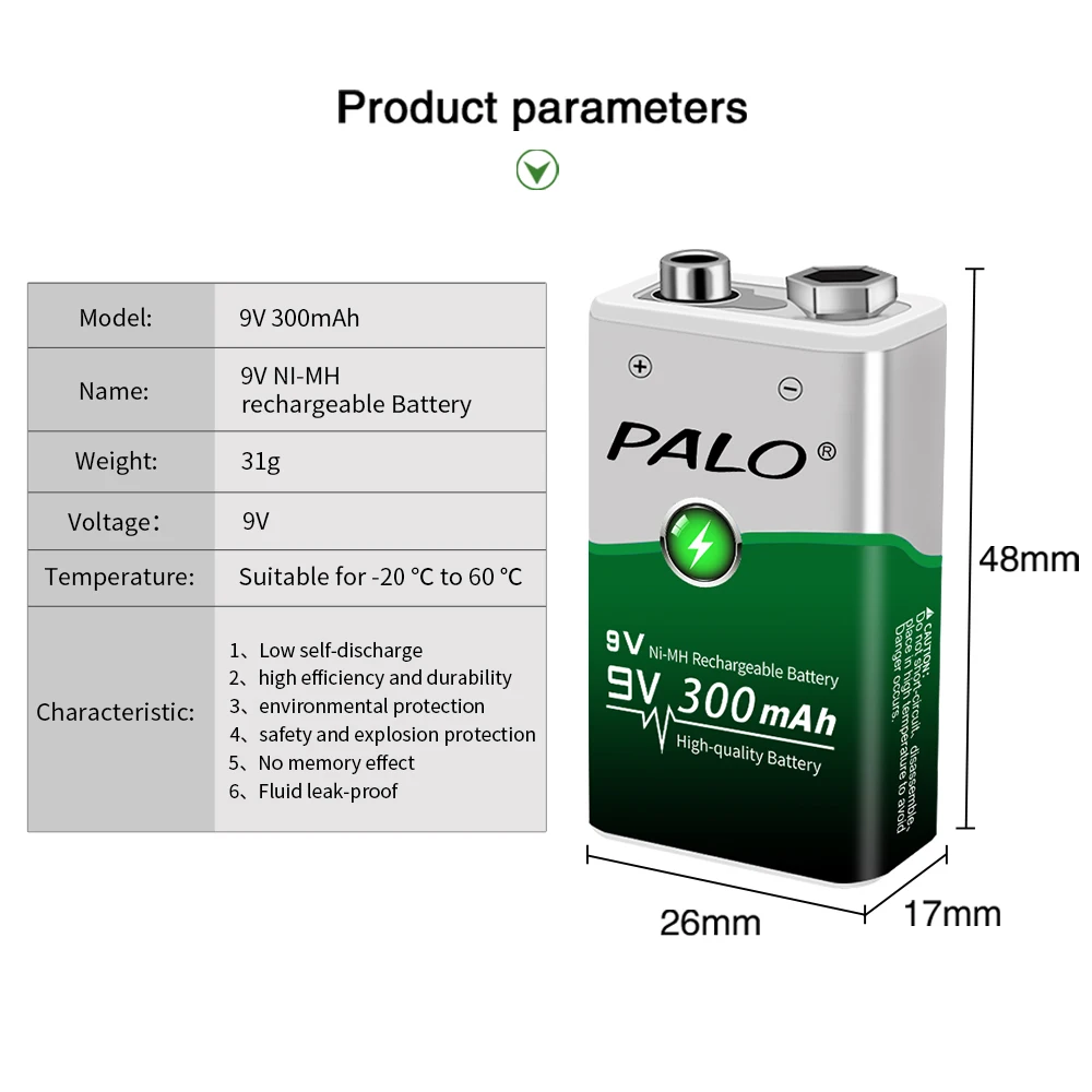 Palo v Ni-mh Bateria Recarregável 6f22 300mah v Baterias Tensão para Alarmes de Fumo Brinquedos Câmeras sem Fio Detector de Metais - Image 3
