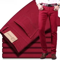 2023 summer New Classic Style Men's Wine Red Jeans Fashion Business Casual Straight Denim Stretch Trousers Male Brand Pants
