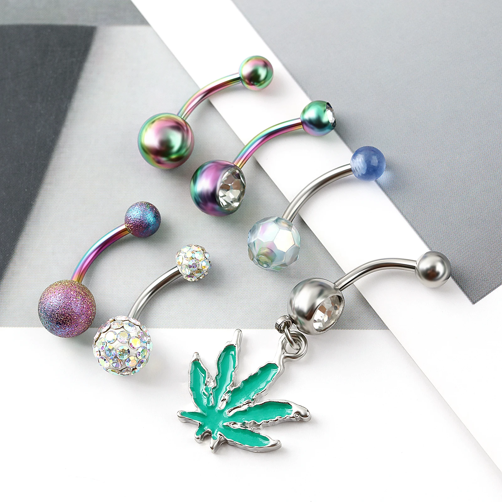 6pcs Stainless Steel Belly Buttron Piercing Set Simple Double Head Round Ball Diamond Belly Ring Piercing Jewelry