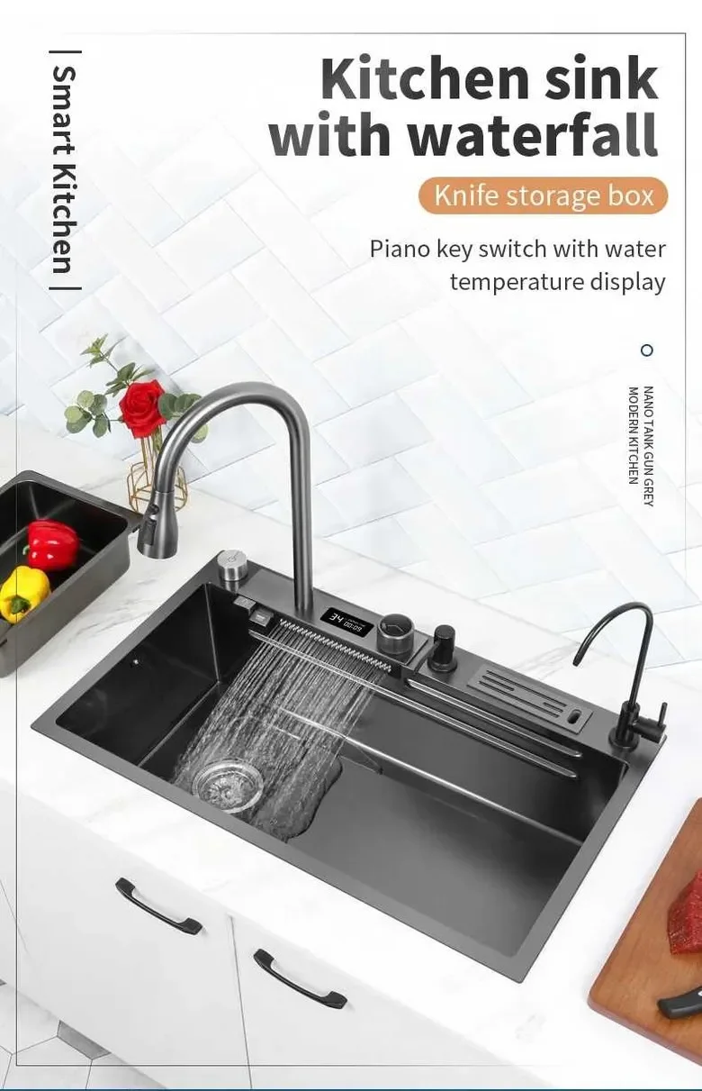 Description Picture 4 of item304 stainless steel kitchen waterfall sink digital display large single sink dish basin sink with multifunction touch waterfall