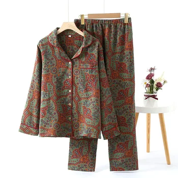 Autumn Long Sleeve Sleepwear Women's Cotton Yarn-dyed Jacquard Ethnic Style Print Pajamas for Women 2 Pieces Outfit Loungewear