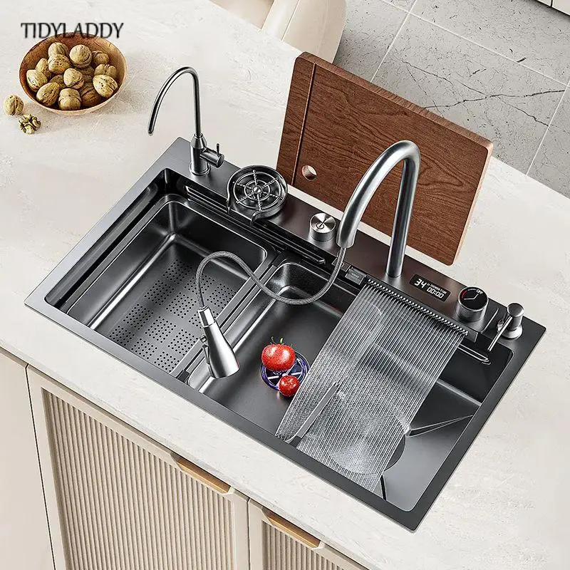 Digital Display Waterfall Sink Multifunctional Stainless Steel Large Single Slot Kitchen Accessories Gourmet Faucet Kitchen 2