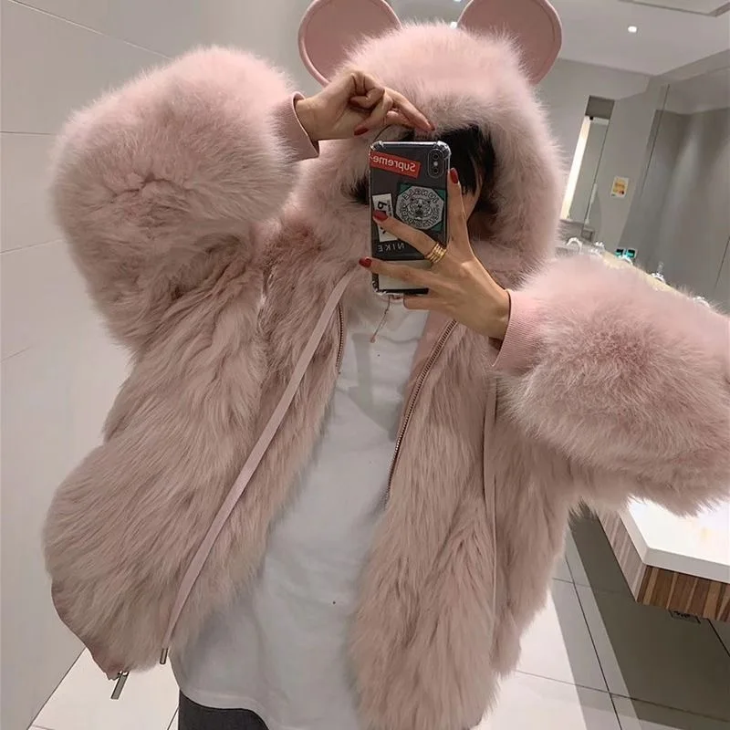 

Fox Fur Collar Hooded Luxury Rabbit Faux Fur Jacket Manteau Femme Hiver Plus Size Patch White Teddy Coat Woman Winter Overcoat