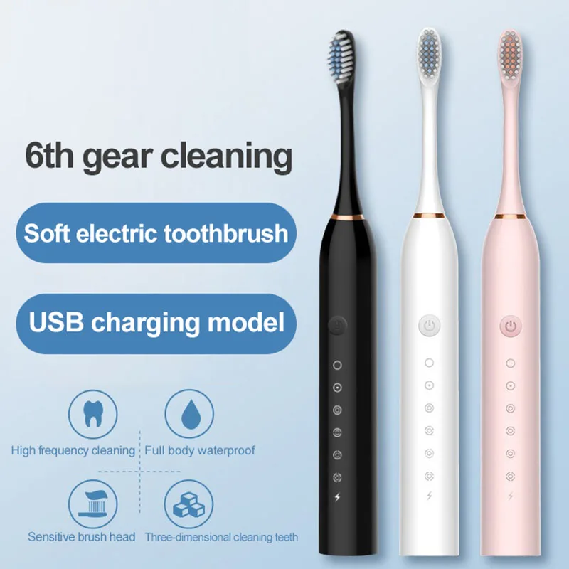 6 Gear  Adult Powerful Ultrasonic Sonic Electric Toothbrush USBWaterproof Rechargeable Whitening Tooth Brush Washable 4 Brushes