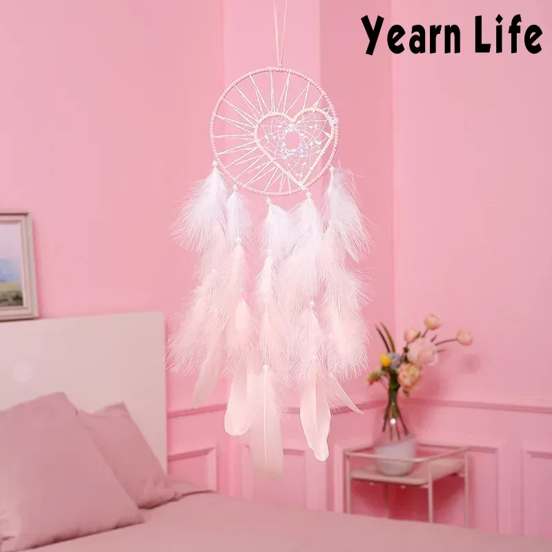 Ловец снов в форме сердца ручной работы с перьями, искусственное украшение, розовый Ловец снов, декор для комнаты Ловец снов в форме сердца ручной работы с перьями, искусственное украшение, розовый Ловец снов, декор для комнаты