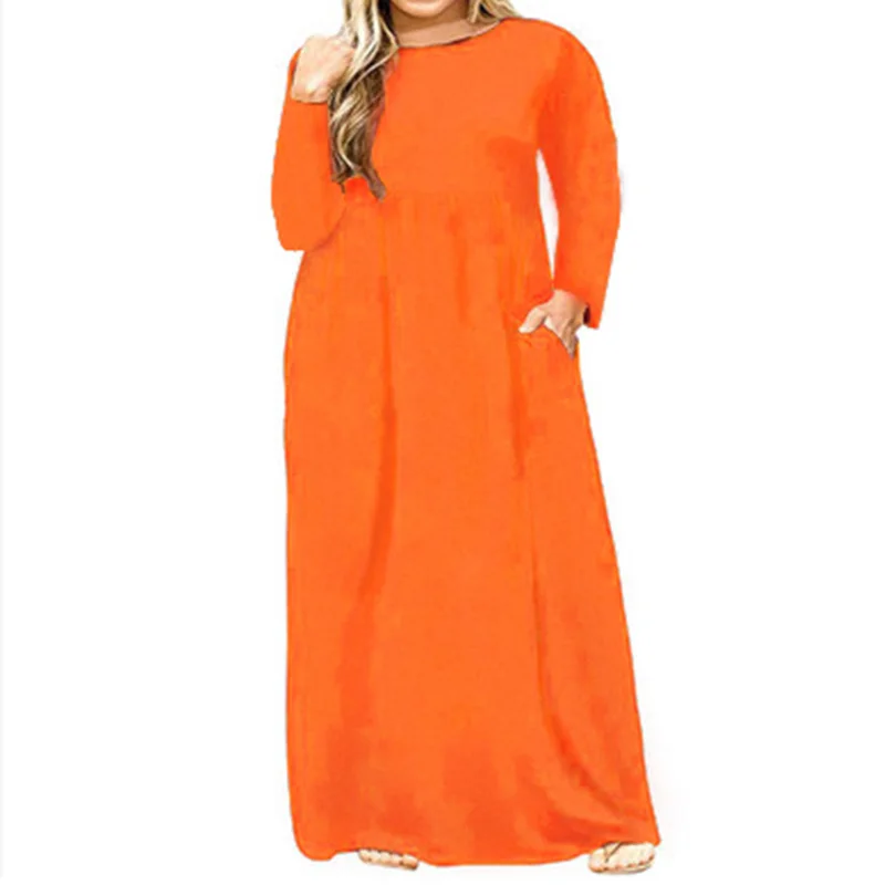Plus Size Clothes Spring Autumn Round Neck Solid Color Long Sleeve Patchwork Pockets Loose Waist Casual Super Maxi Dress Ladies