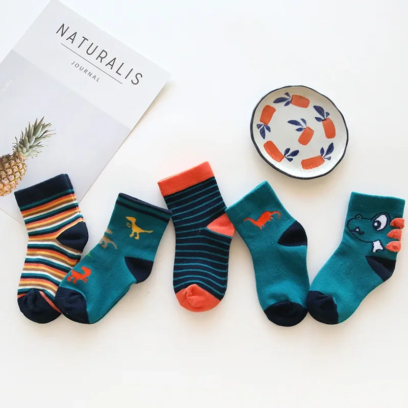 Kids Socks 5 Pairs/lot Baby Toddler Boys Socks Main fabric Cotton Dinosaur Animal Print Cute For Girls Fall Fashion Mid
