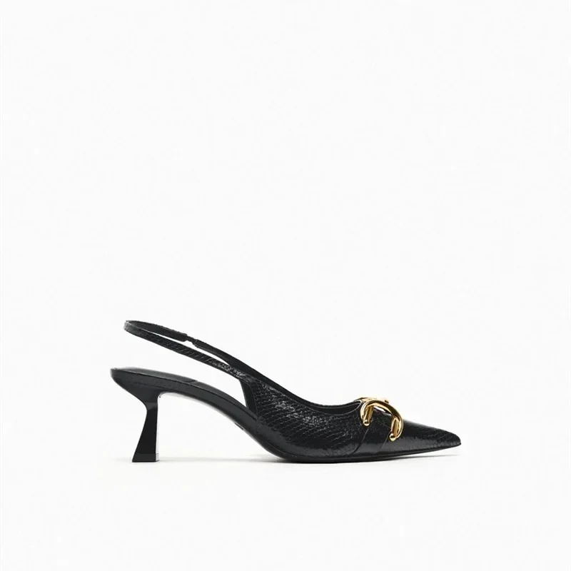 Summer Golden Decorative Women Shoes Woman Black Pointed High Heels Shallow Thin Heel Woman Pumps Slingback Sandals