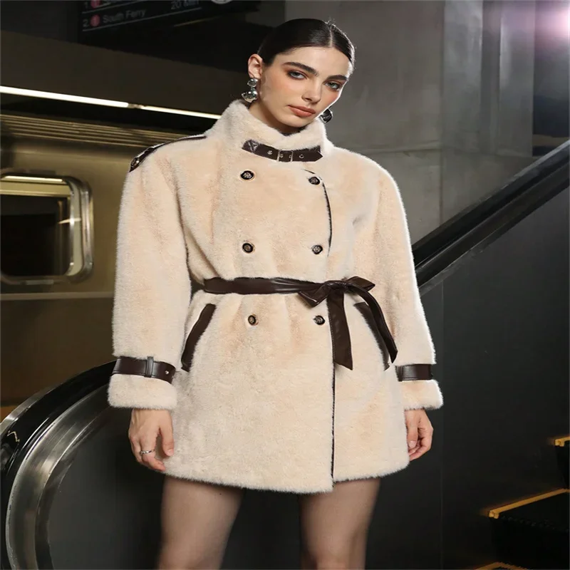 Faux Pelz frauen Mäntel Elegante Spitze Up Leder Gürtel Verdicken Volle Hülse Jacken Weibliche 2025, Neue Herbst Winter Frau pelz Mantel – Detail 7