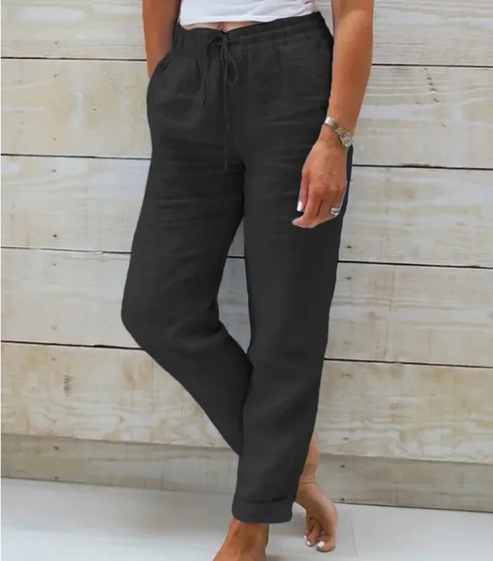 Cotton Linen Pants High Waist Elastic Trousers Streetwear