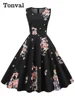 112749-c20594.jpg Tonval élégant années 50 Robe rétro vêtements Pinup été Robe florale col rond sans manches femmes coton Vintage imprimé robes