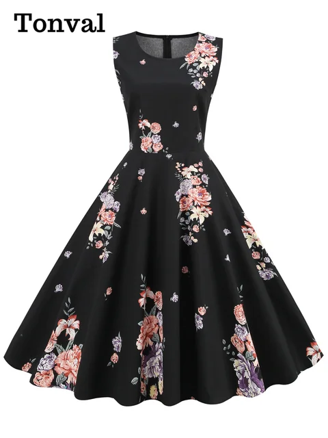 112749-c20594.jpg Tonval élégant années 50 Robe rétro vêtements Pinup été Robe florale col rond sans manches femmes coton Vintage imprimé robes