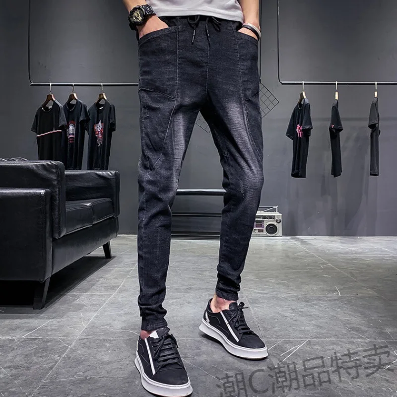 Fashion 2022 Fashion Hong Kong Style Autumn Jeans Men's Elastic Waist Beam Feet Simple Harem Pants Ankle Length Pants Overalls
