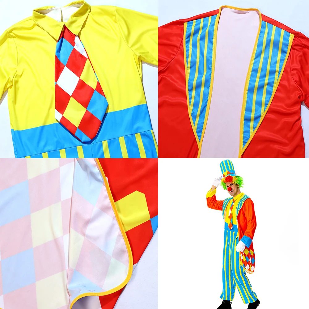 Funny Clown Costume Magic Show Party Cosplay Clothes Top Hat Colored Wig False Nose Entertaining Activities Dress Up