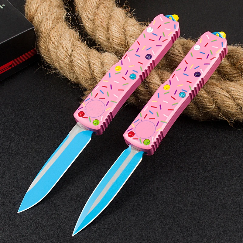 MTTU85OTFPinkDonutKnifeD2BladeDualAluminumHandleTactical