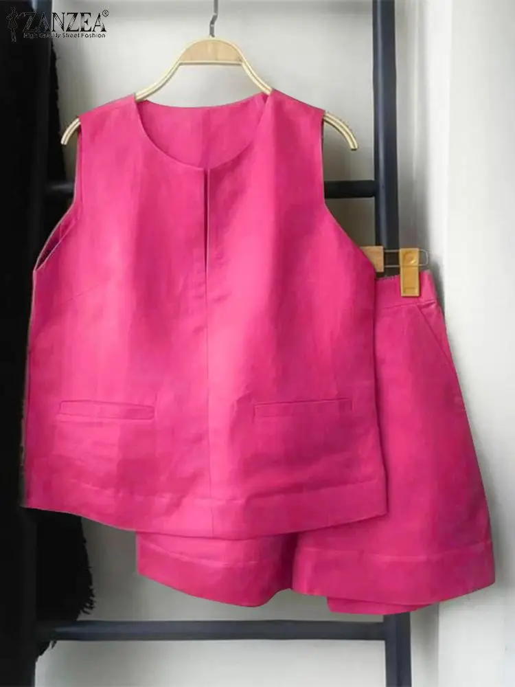 

Женский летний комплект ZANZEA из 2 предметов, Повседневная Свободная майка без рукавов и Шорты, модный однотонный спортивный костюм, сексуальные подходящие костюмы с карманами