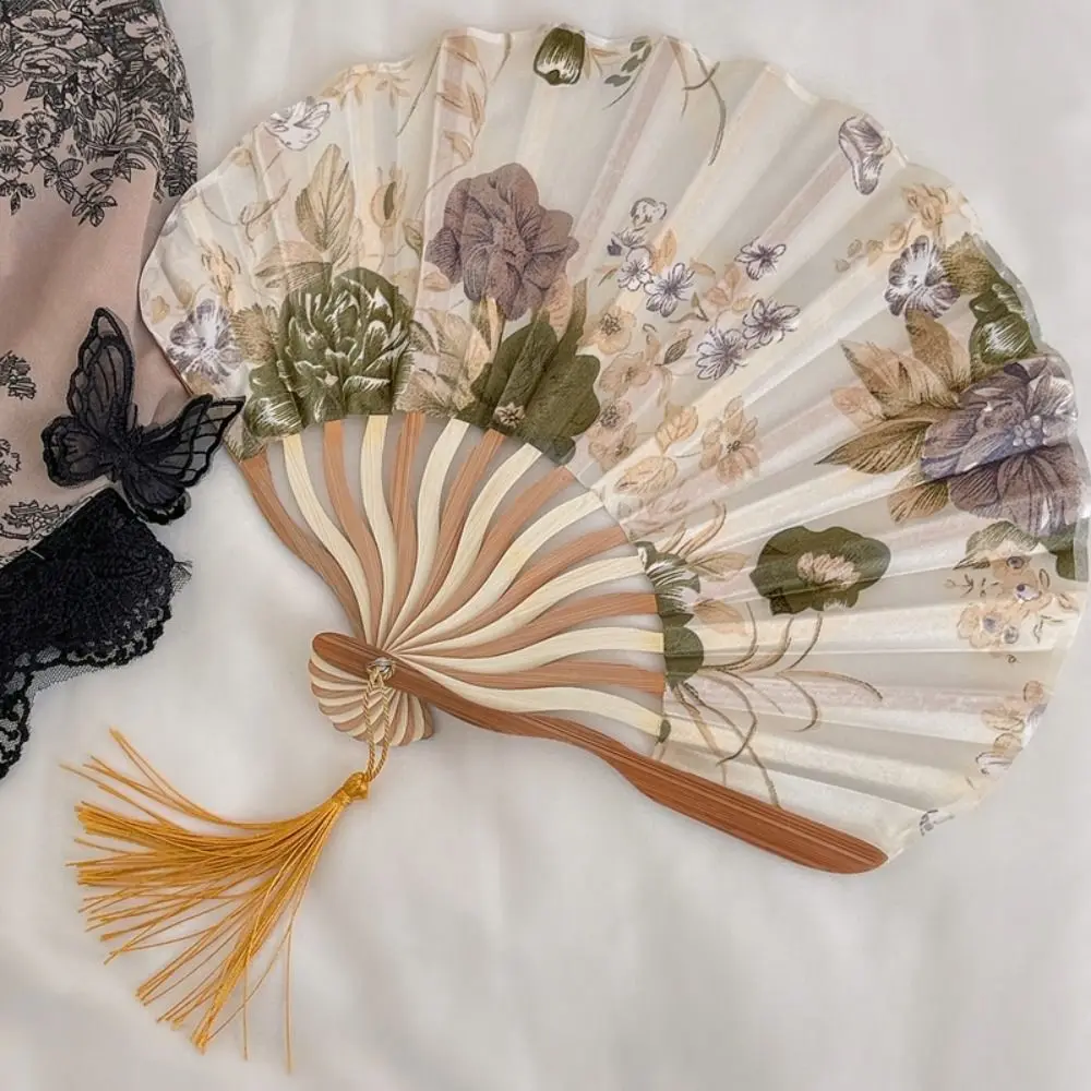 Retro Bamboo Wood Silk Flower Folding Hand Fan - Decorative Dance and Wedding Prop