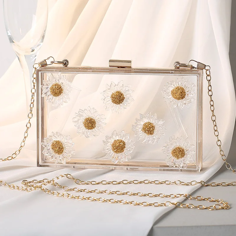 

Acrylic Box Clutches Casual Cute Students Shoulder Crossbody Bags Daisy Flowers Women Evening Party Purses Clear Clutch Purse