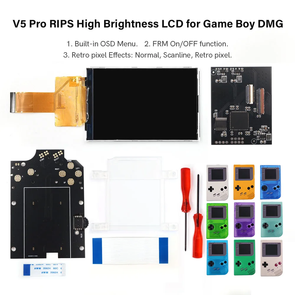 

New Version DMG IPS V5 Pro Screen Backlight LCD Kits 36 Color Retro Pixel Mod W/ Pre-cut Housing For GameBoy DMG GBO Cosole